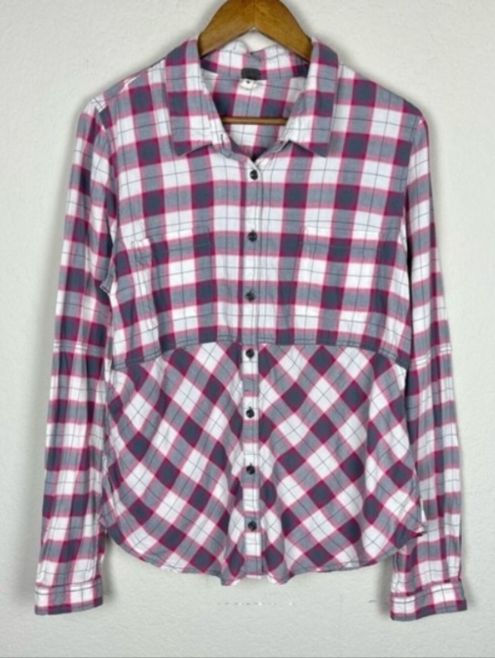 Free People We The Free Pink Gray Plaid Button Up Down Shirt Large